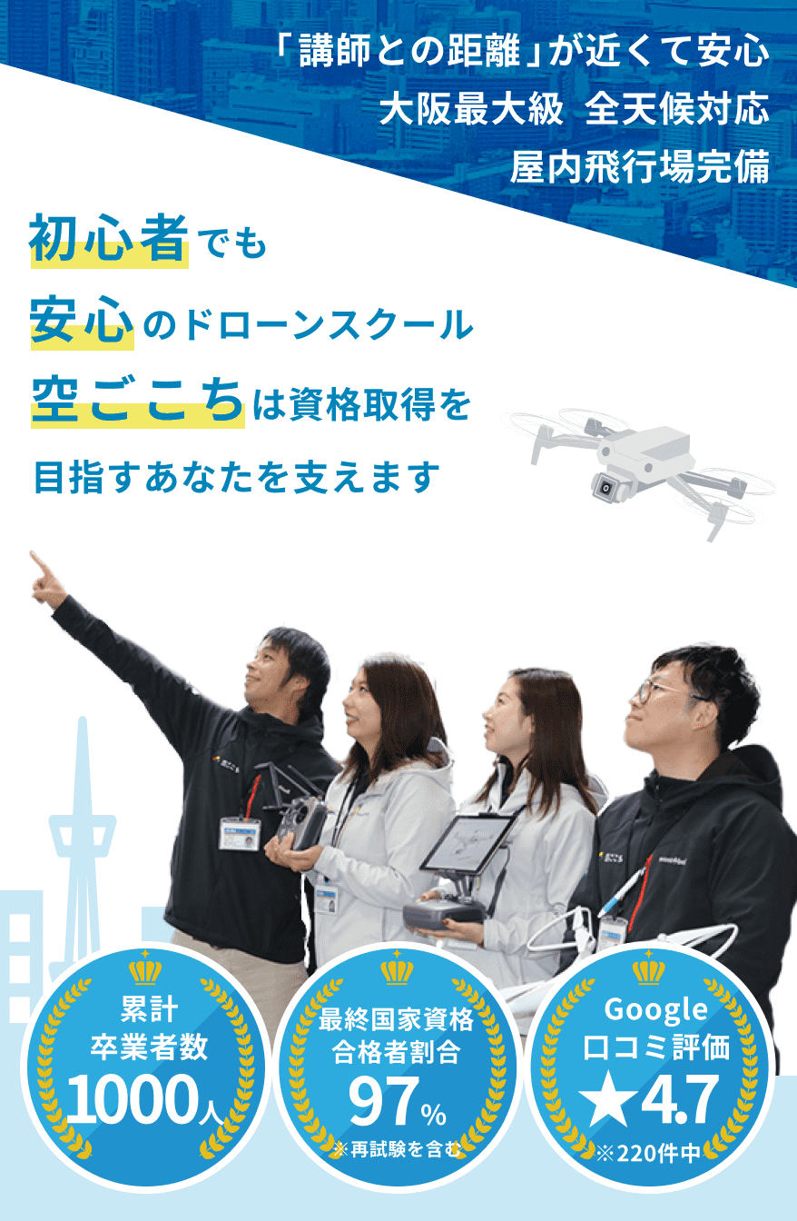 「講師との距離」が近くて安心 大阪最大級  全天候対応 屋内飛行場完備 初心者でも安心のドローンスクール 空ごこちは資格取得を目指すあなたを支えます 累計卒業者数1000名 最終国家資格合格者割合97%*再試験を含む Google口コミ評価4.7*221件中