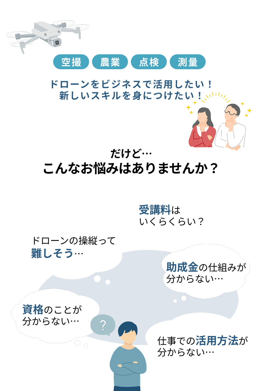 ドローンをビジネスで活用したい！新しいスキルを身につけたい！だけど…こんなお悩みはありませんか？