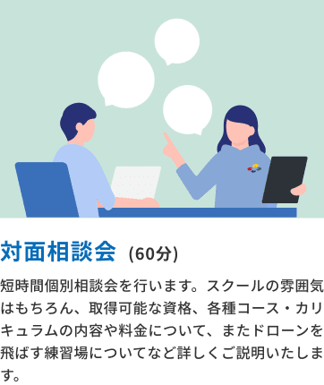 対面相談会(60分) 短時間個別相談会を行います。スクールの雰囲気はもちろん、取得可能な■、各種コース・カリキュラムの内容や料金について、またドローンを飛ばす練習場についてなど詳しくご説明いたします。